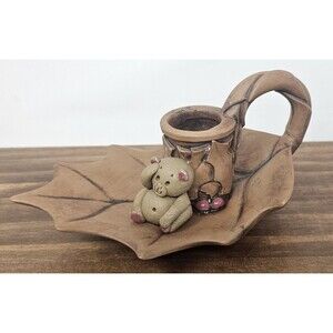 Hand Made Ceramic Studio Art Pottery Chamberstick Holder Holly Leaf Teddy Bear